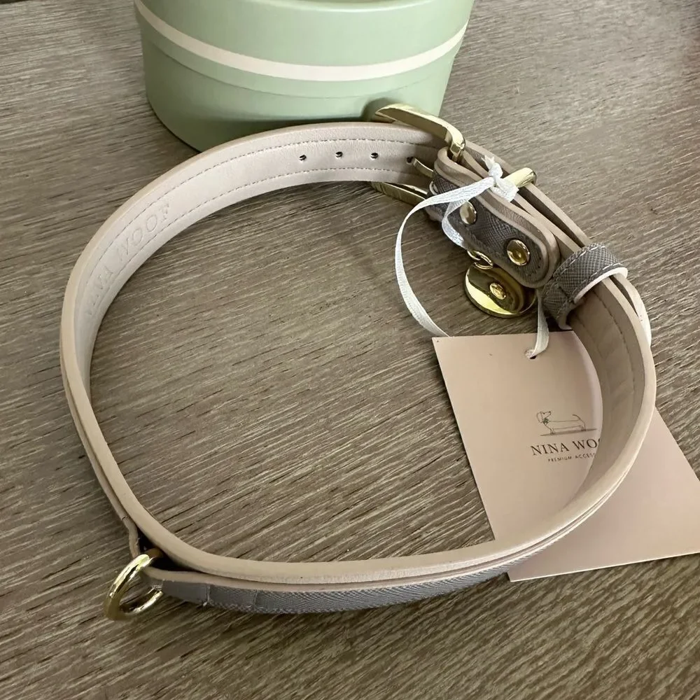 Nina Woof Premium Gray Gold Vegan Leather London Dog Collar